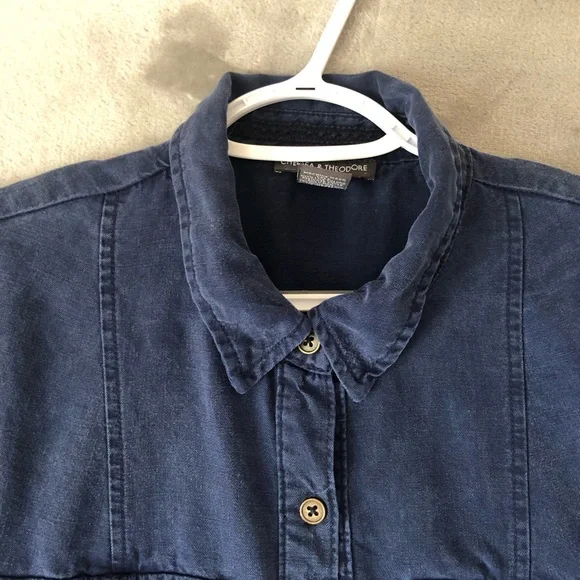 Chelsea & Theodore Flare Midi Dress Size M Tencel Pockets Roll Tab Sleeve Collar - Picture 3 of 12